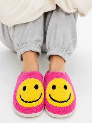 NEW Hot Pink Smiley Face Fuzzy Slippers Women’s S 5-6 Y2K Happy Face Lougewear thumbnail 5