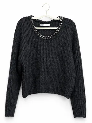 Zara Black Chunky Knit Sweater Chain Trim Neckline Long Sleeve Pullover. Size S thumbnail 1