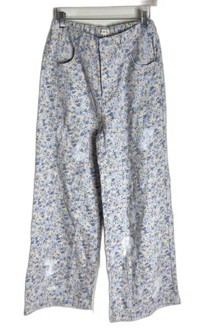 POL everyday edge pants Blue Floral Corduroy Wide Leg Distressed Elastic Waist S thumbnail 1