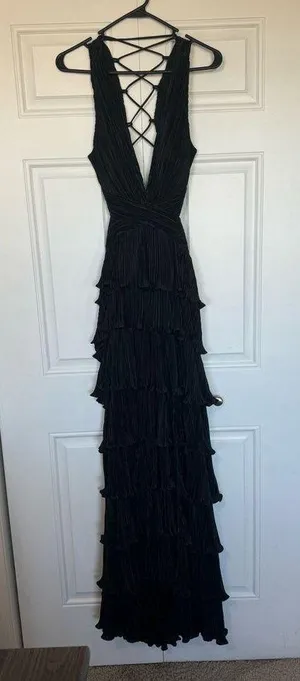 Lulus Beauty Icon Black Satin Pleated Tiered Lace-Up Maxi Dress thumbnail 3