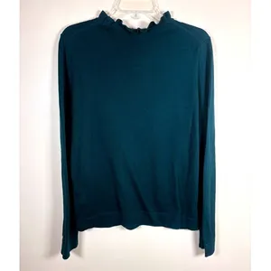 J Crew Green Ribbed Ruffle Neck Long Sleeve‎ Cotton Sweater Women's Medium thumbnail 5