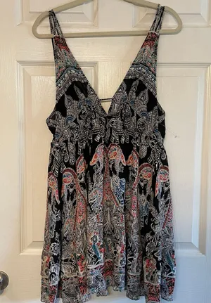 Intimately Free People sz Medium Black Paisley Strappy V-Neck Slip Mini Dress thumbnail 1
