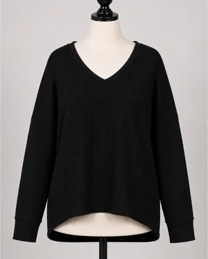 Zenana Outfitters Black Waffle Knit V-Neck High-Low Top XL Minimalist thumbnail 1