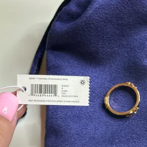 Tory Burch Serif T Black Enamel Stackable Ring size 6 thumbnail 10