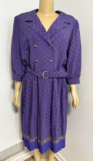 Breli Originals Vintage 80s Purple Geometric Medallion Belted Midi Dress USA thumbnail 1