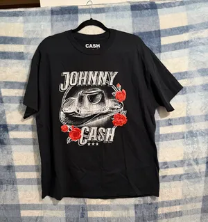Johnny Cash Cowboy Hat and Roses Black Graphic T-Shirt thumbnail 1