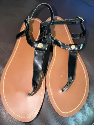 Ralph Lauren Black T-Strap Leather Sandals with Tan Footbed thumbnail 1