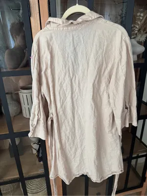 Zara ecru linen shirt dress adjustable Tie back. 3/4 long sleeve buttons collar thumbnail 3