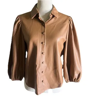 Marc New York Puff Sleeve Camel Faux Leather Button Blouse XS Boho Whimsy Classy thumbnail 1