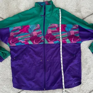 Vinatge 90s Reebok Windbreaker Cinch Waist Full Zip Green/Purple Abstract Design thumbnail 6
