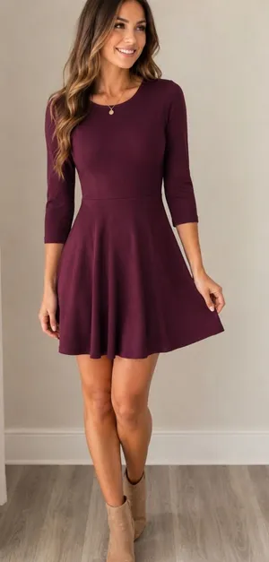 Lulus Burgundy Scalloped Hem Skater Dress XL 3/4 Sleeve Fit Flare thumbnail 1