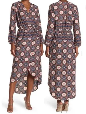 Fraiche by J Nadia Faux Wrap Boho Printed Long Sleeve Midi Dress - NWT - Size S thumbnail 2