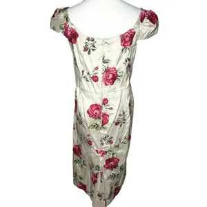 vintage Ivory Floral Brocade Pink Rose Print Empire Waist Cottagecore Midi Dress thumbnail 5