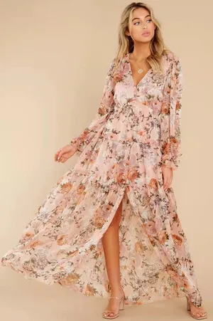 Orange Multicolor Boho Floral V-neck Long Sleeve Maxi Dress w/ Slit thumbnail 1