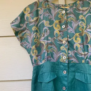 Vintage 80s Dress Linen Dress Green Pencil Skirt Floral‎ Short Sleeves Button-Up thumbnail 6