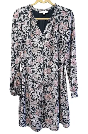 LOFT Dress Black Paisley Floral Romantic Boho Long Sleeve V-Neck‎ Women Medium thumbnail 1