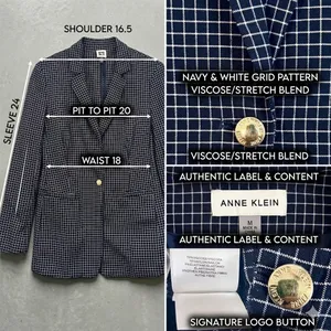 Anne Klein Blazer Jacket Women's Medium Navy Blue White Stretch 90s Office Siren thumbnail 2