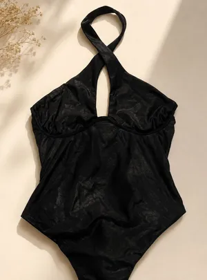 Naked Wardrobe Black Halter Bodysuit Underwire Shiny Stretch Top Size S thumbnail 1