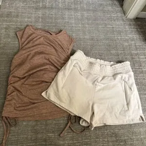 FLX Ivory Shorts Brown Ruched Side Tie Tank Cozy Athleisure Set XS thumbnail 2