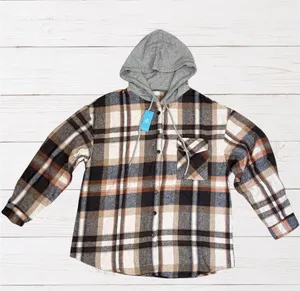 Cabincore Plaid Hooded Shacket Brown Cream Button Front Cozy Rustic L NWT thumbnail 1