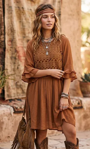 MOON RIVER Crochet Lace Bodice‎ Mini Dress Large Brown Crinkle Ruffle Boho Shift thumbnail 1