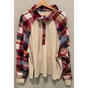 FREE PEOPLE Isabelle Plaid Trim Thermal Henley In Mink Combo Size Large thumbnail 11