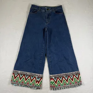 Alice + Olivia Wide Leg Jeans Blue Denim Boho Embroidered Pom‎ Pom Hem Size 25 thumbnail 1