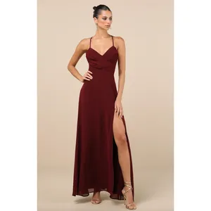 Lulus Event Ready Burgundy Backless Lace-Up Maxi Dress Chiffon Formal Medium NWT thumbnail 3