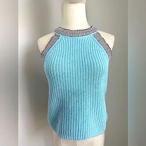 Madewell blue knit crochet halter top with open shoulders in size medium thumbnail 3