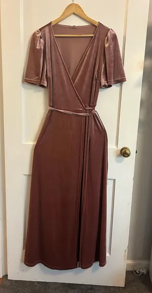 Anrabess Rose Pink Velour Maxi Wrap Dress Brown Size M thumbnail 1