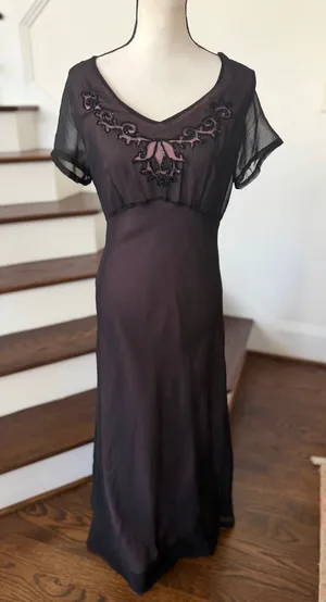 Vintage 90s Black Sheer & Pink Beaded Floral Maxi Slip Dress Whimsygoth Witchy thumbnail 1
