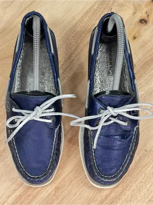 Sperry Top Sider Leather Boat Shoe Metallic Navy Blue Women Size 8 Slip On thumbnail 4