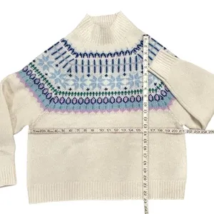 Old Navy Cozy Intarsia Fair Isle Mock Neck Sweater Cream Blue Wool Blend Large thumbnail 4