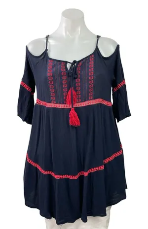 Entro Navy Blue Red Tassel Cold Shoulder Lace Boho A Line Mini Dress Size M thumbnail 1