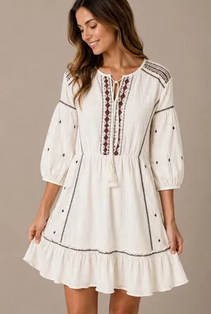 Boutique Skies Are Blue Embroidered Boho Peasant‎ Mini Dress | Size Large thumbnail 1