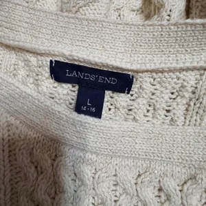 Lands End Womens Cream Metallic Cable Knit Boat Neck Shoulder Button Sweater L thumbnail 4