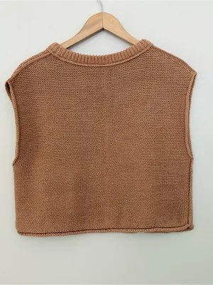 Free People Knit Sweater Vest XS Brown Cotton Cropped Chunky Knit Boho thumbnail 7