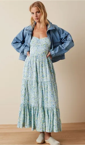 American Eagle Outfitters Blue Floral Tie-Back Maxi Dress Size XS Boho Cottage thumbnail 1