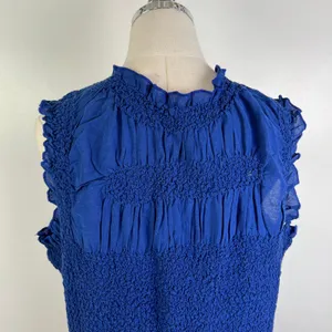 By Anthropologie Mock-Neck Textured Smocked Stretch Dress Blue Mini thumbnail 7