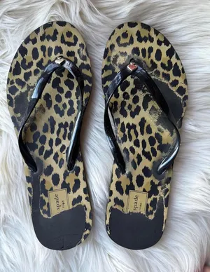 Kate Spade Leopard Print Flip Flops with Black Patent Straps thumbnail 1