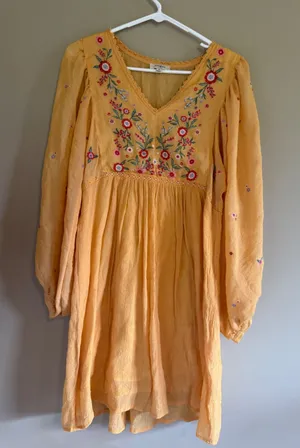 Umgee Mustard Yellow Embroidered Floral Babydoll Dress Boho Lace‎ Mini Medium thumbnail 1