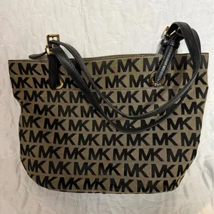 Michael Kors MK Signature Monogram Jacquard Tote Bag Black Tan Gold Hardware thumbnail 1