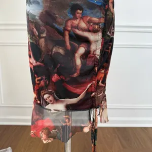 Pretty Little Thing Mesh Bodycon Ruched Mini Dress Renaissance Artwork Print 4 thumbnail 5