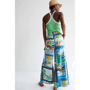 Maeve Anthropologie Sunshine Wide-Leg Pants Blue Tropical Scarf Print Size 4 thumbnail 4