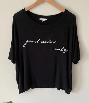 Flutter Good Vibes Only Embroidered Oversized Top Black Short Sleeve Small thumbnail 1