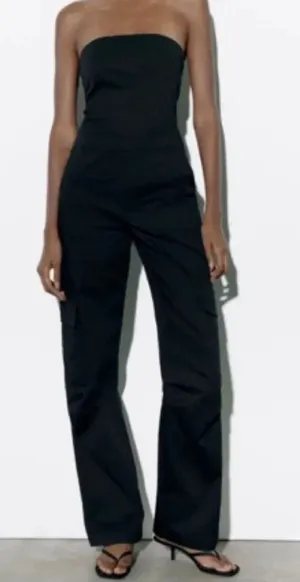 Zara Strapless Cargo Jumpsuit by Zara Black Size XS thumbnail 1