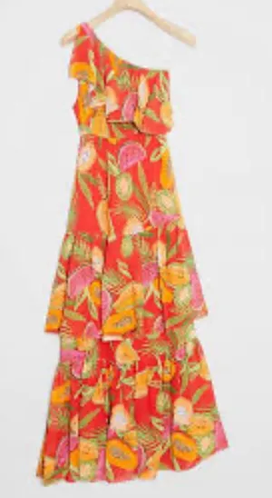 Farm Rio Papayas One Shoulder Dress Tropical Vacation thumbnail 1