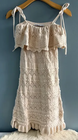 Zara Beige Crochet Knit Mini Dress thumbnail 1
