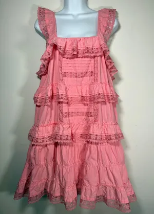 Unbranded Tiered Ruffle Mini Dress Pink Lace Trim Cotton Romper Small thumbnail 1