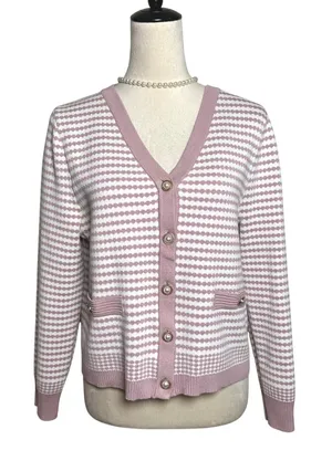 Adrianna Papell Mauve Ivory Pearl Button Striped Knit Preppy Cardigan Sweater thumbnail 1